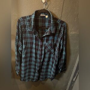 Avenue Dark and Light Blue Button Up Plaid Blouse
